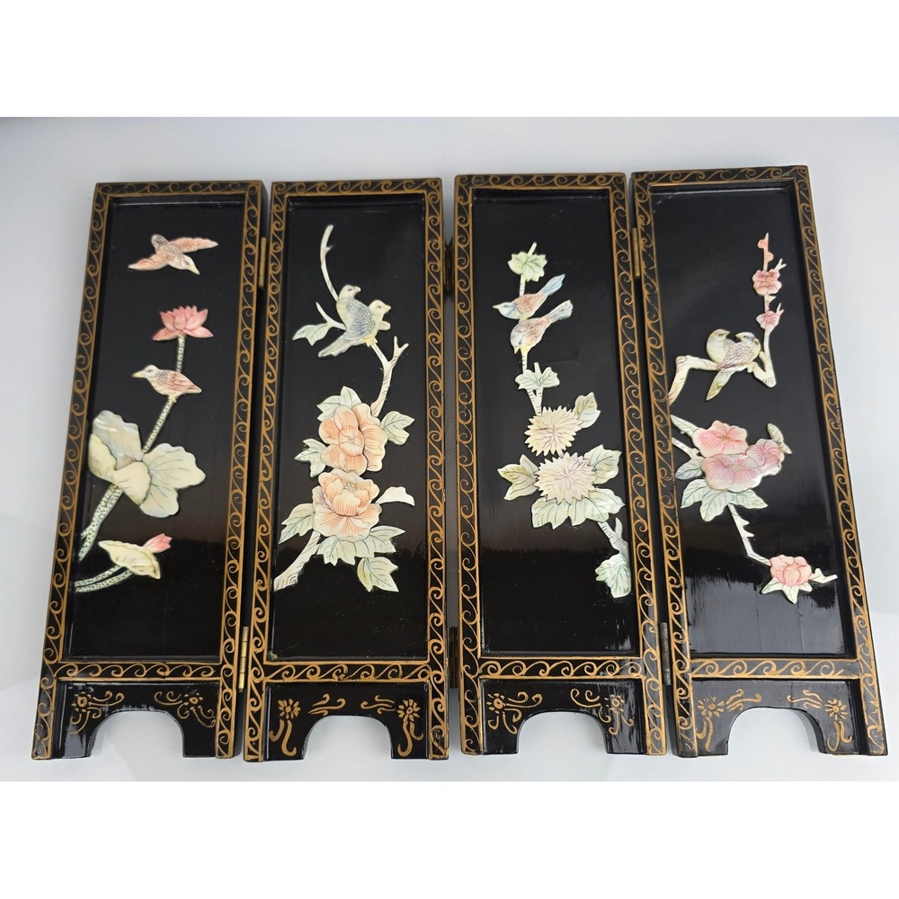 Vintage Chinese 4 Panel Tabletop Screen Mother of Pearl Inlay Black Lacquer 12in